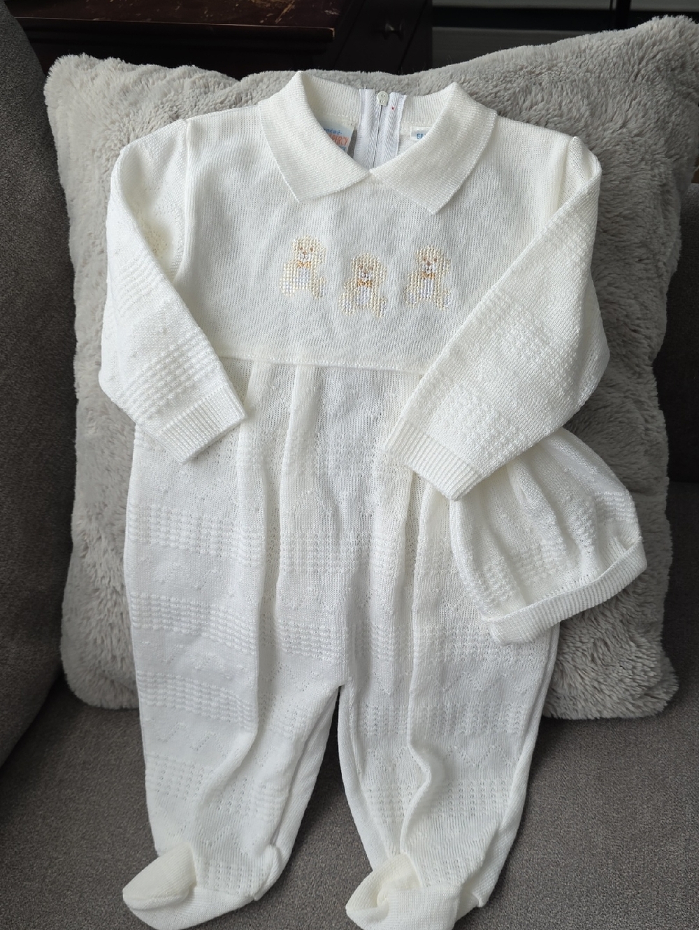 Classic Cream Knit Footed One-Piece with Embroidered Bears